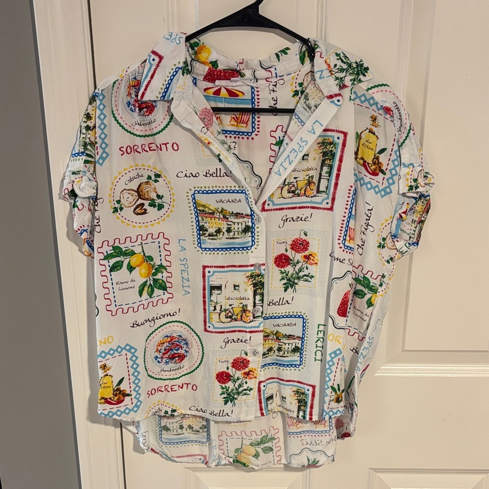 White Italian Postcard Print Button-Up Shirt